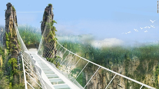 
	
	Vị trí tọa lạc của cây cầu đặc biệt này nằm trong công viên quốc gia Trương Gia Giới ở tỉnh Hồ Nam. Cây cầu được thiết kế hoàn toàn bằng kính này được khánh thành vào tháng 7 năm nay.